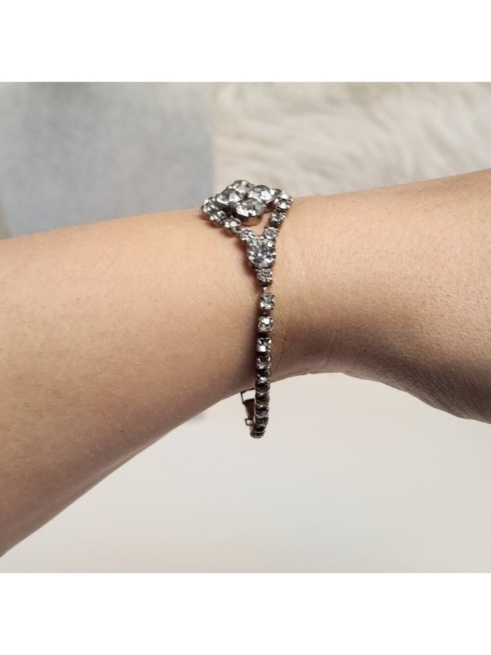 Vintage Art Deco Style Rhinestone Link Bracelet Silver Tone 1950s Retro Costume - Picture 3 of 9
